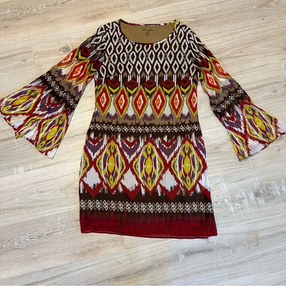 Wrangler Printed Bell Sleeve Dress, Size Small Boho Southwestern